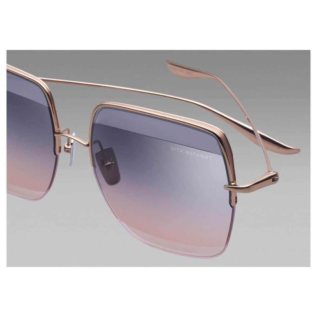 ディタのインスタグラム：「Metamat’s design details, such as the frame’s titanium nosepads, #DITA’s iconic step-down lens, and ultra-thin bridge and titanium temple tips bring a lightness to this 70s inspired #sunglasses frame - tap to shop #DITAeyewear #DITAsunglasses」