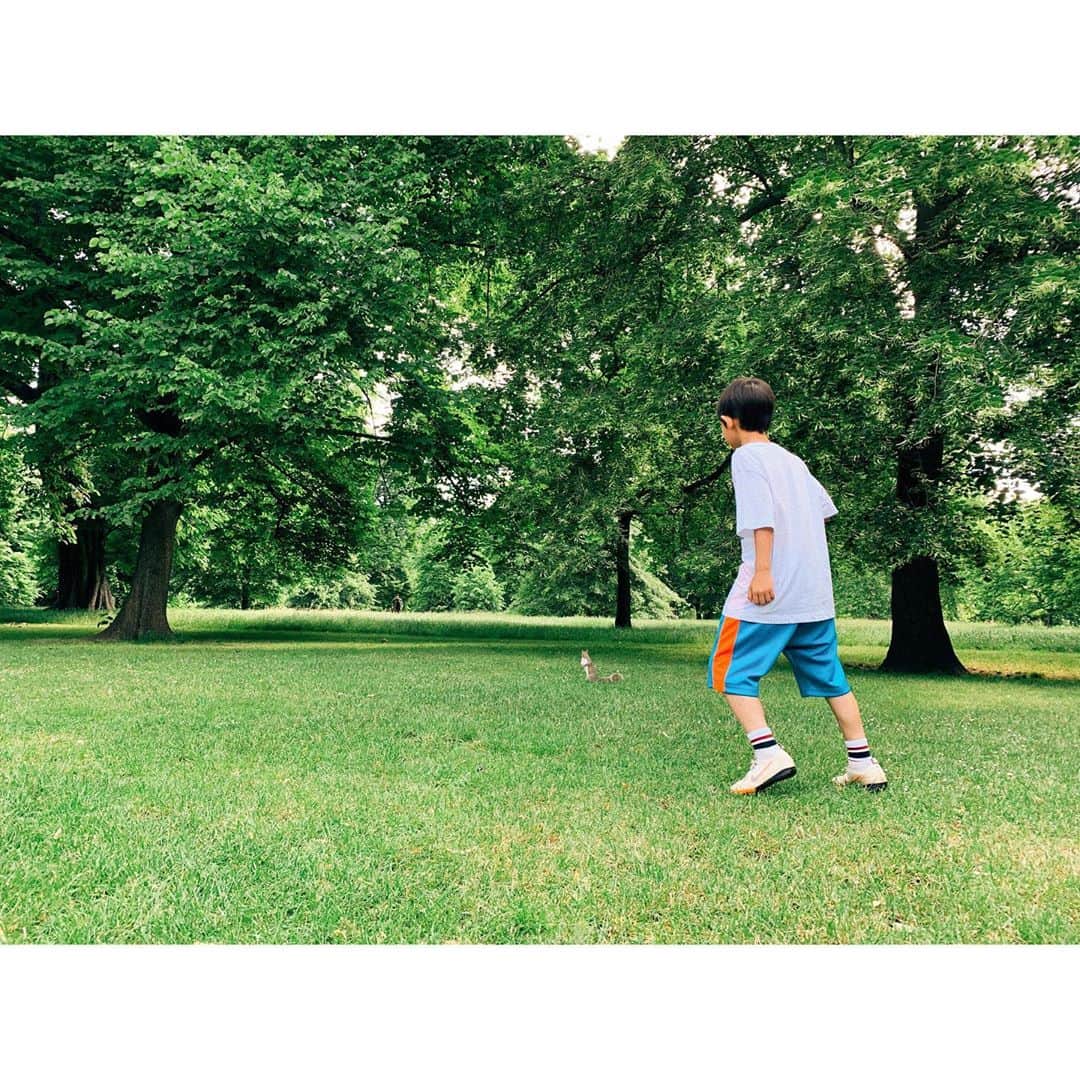 紗栄子さんのインスタグラム写真 - (紗栄子Instagram)「先日の公園🌞 鬼ごっこをしていて茂みから出てきた長男の後ろをみたら...。 おろしたてのTシャツが枝に引っかかったらしくバッサリ破けておりました。w 今回に限らず、何でそんなところ破れたの！？ってこと、何才まで続くのだろう。。w #男の子あるある#ママに怒られるーと転げ回る長男#そんなことでは怒りませんが#地味にショック#2枚目癒し写真#リスと次男」6月13日 20時49分 - saekoofficial