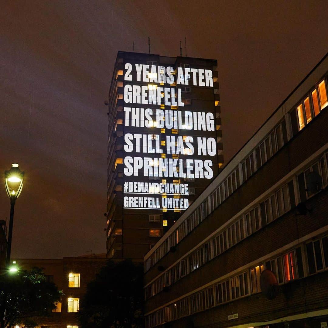 Dazed Magazineさんのインスタグラム写真 - (Dazed MagazineInstagram)「Around this time two years ago today, a devastating fire broke out in Grenfell Tower, West London, that claimed the lives of at least 72 people — with more missing, presumed dead. ⠀ ⠀ Two years later, there are still few answers as to how this was allowed to happen; no one held to account for lives lost; and some still relying on temporary accommodation. ⠀ ⠀ Today is a day for remembering the lives sadly lost in the fire, but also how to honour their legacy by supporting the work of the community, and activist groups like  @officialj4g and @grenfell_united — responsible for these projections on buildings still using the flammable cladding that made the Grenfell fire so catastrophic — in their fight for justice and awareness. 💚⠀ 📷 @grenfell_united ⠀ #JusticeForGrenfell #DemandChange」6月14日 9時07分 - dazed