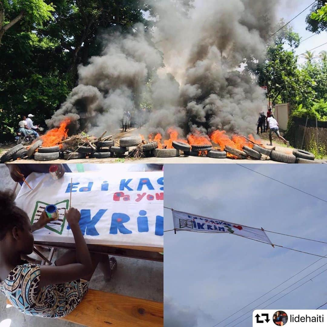 レイン・ウィルソンさんのインスタグラム写真 - (レイン・ウィルソンInstagram)「An update from @lidehaiti #repost ・・・ Black smoke rises up from the streets of Haiti today. Not long ago what hung in the air over streets in the Artibonite were banners painted by LIDE girls, declaring “Edikasyon pa yon Ikrim” (Education is not a crime). But again this week in Haiti, education has been made as illusive as the air as burning tires, random gunfire, and protests that quickly turn violent prevent girls and all youth from attending school.  We are again on shelter in place, and so we thank our friend Cesar Bougon Massena over at Artists Institute for sharing his images of this heartbreaking scene.」6月14日 9時35分 - rainnwilson