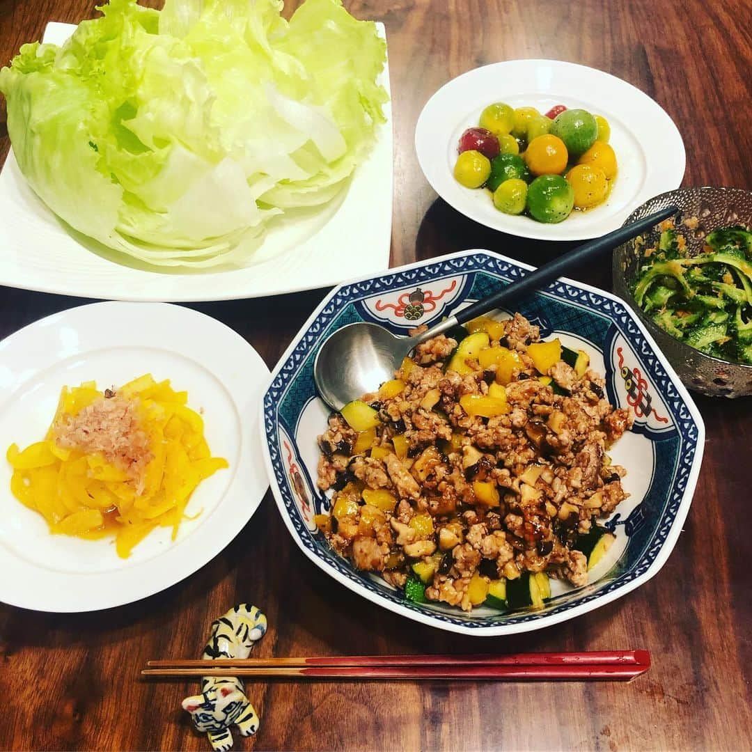 田中えみさんのインスタグラム写真 - (田中えみInstagram)「今日も緑多めごはん 作っただけで、身体に良いことしてるみたいな、良い気分になります。w  #手料理 #手作りごはん #夜ごはん #レタス巻き #トマトのマリネ #パプリカのきんぴら #ゴーヤ梅和え」6月14日 8時44分 - emiitanakaa