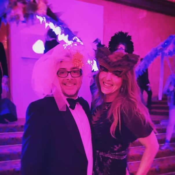 のインスタグラム：「Ha ha - here’s a good one of me and @ctilburymakeup (I seriously need to sort out my posing skills) at the @theanimalball fundraiser for @elephantfamily last night - Charlotte wanted to highlight the plight of the leopard at this annual charity event and we helped bring her leopard mask concept to life with considerable help from team-members @czpka and @xavierfenouil 💋💋 I’m wearing my embroidered pink tulle coral reef - upcycling from last year where I wanted to draw attention to the plight of Australia’s #greatbarrierreef」