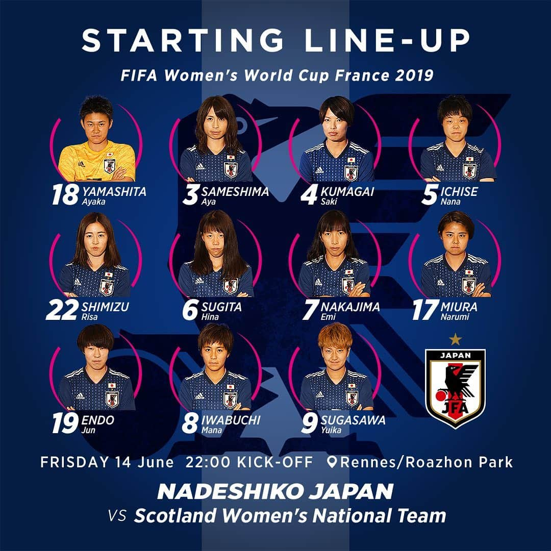 日本サッカー協会さんのインスタグラム写真 - (日本サッカー協会Instagram)「🇯🇵v🏴󠁧󠁢󠁳󠁣󠁴󠁿 STARTING LINE-UP！ ・ FIFA女子ワールドカップフランス2019 6/14 日本時間22:00キックオフ #なでしこジャパン 🇯🇵 vs🏴󠁧󠁢󠁳󠁣󠁴󠁿スコットランド 📺フジテレビ系列、NHK BS、J SPORTSで生中継！ ・ #nadeshiko #世界のなでしこ #なでしこジャパン#FIFAWWC」6月14日 21時20分 - japanfootballassociation