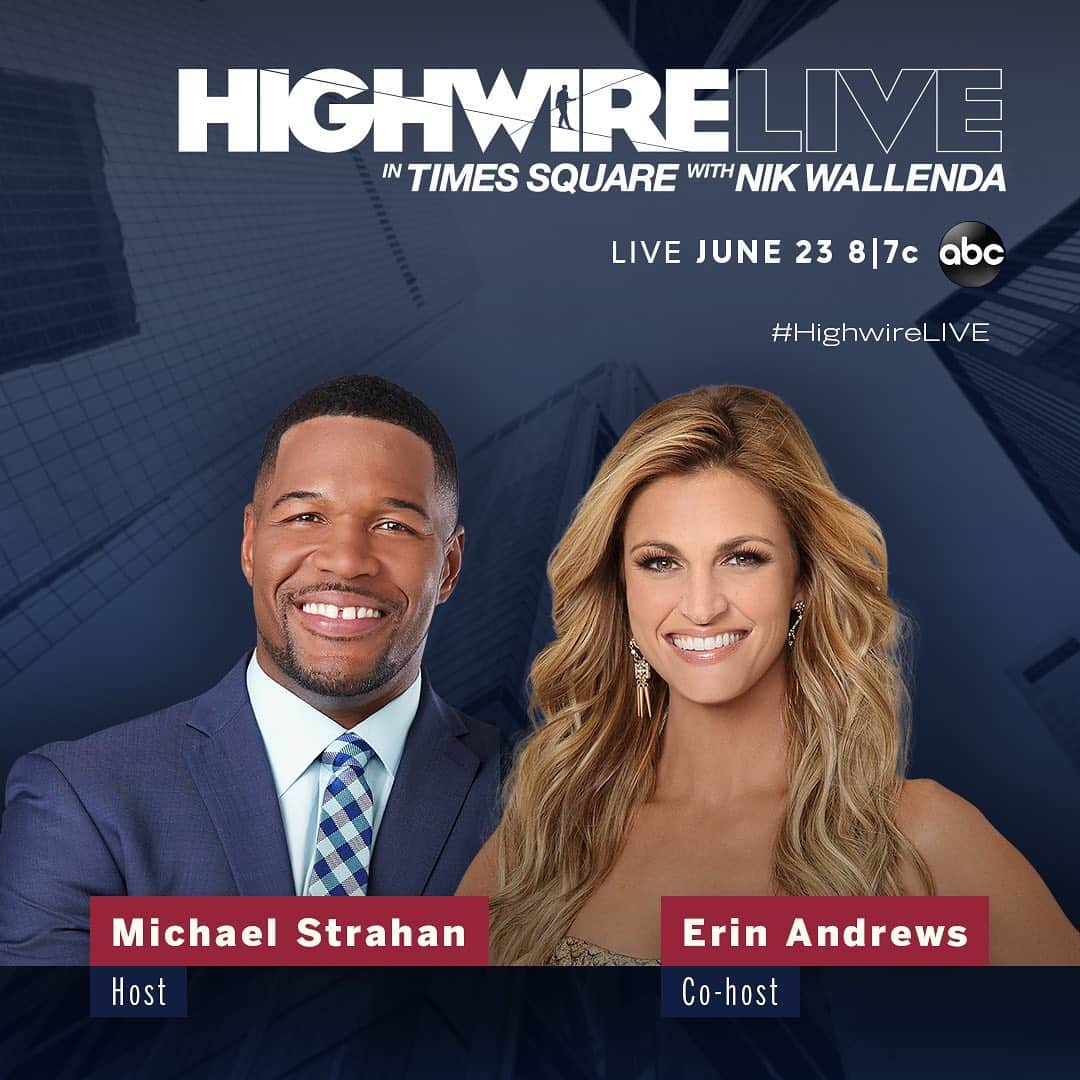 エリン・アンドリューズのインスタグラム：「I’m so excited to announce that I'm co-hosting @highwirelive Sunday, June 23 on ABC! Tune in to watch @nikwallenda and @lwallenda make history as they tightrope across Times Square. #HighwireLIVE」