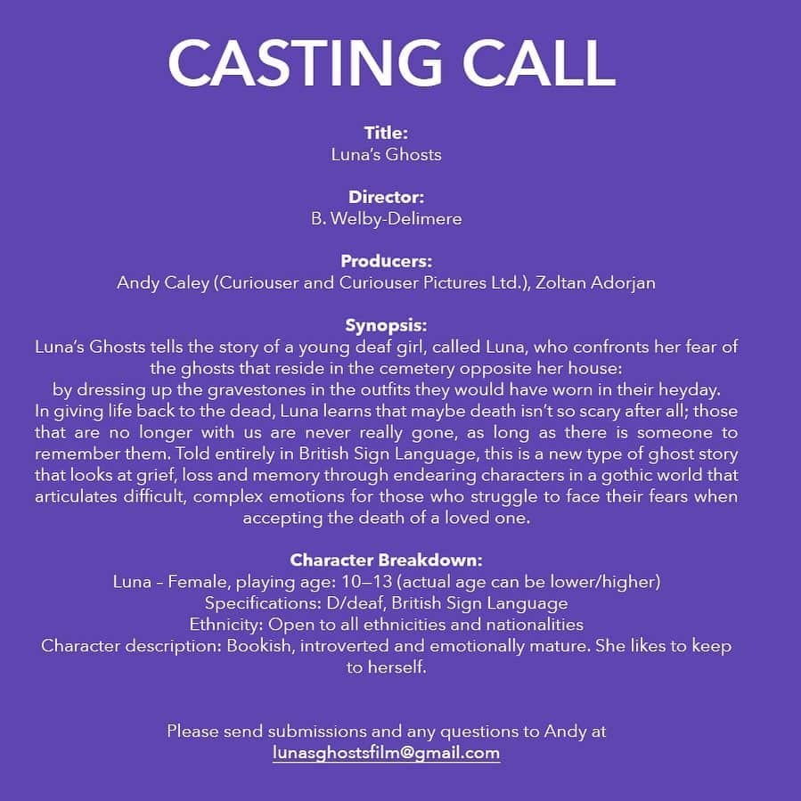 スティーヴン・フライのインスタグラム：「‪Casting Call! A role for a young Deaf actress - ideally fluent in BSL - for an exciting new film, @Lunas_Ghosts - pass it on! ‬」