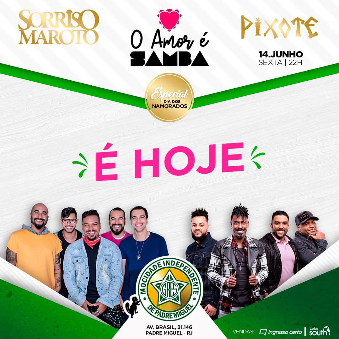 Sorriso Marotoのインスタグラム：「É HOJE, Rioooo! 😃 Logo mais tem #OAmorÉSamba na quadra da Mocidade e vai rolar muuuito pagodinho com a gente e Pixote! Estamos esperando vocês! 😉」