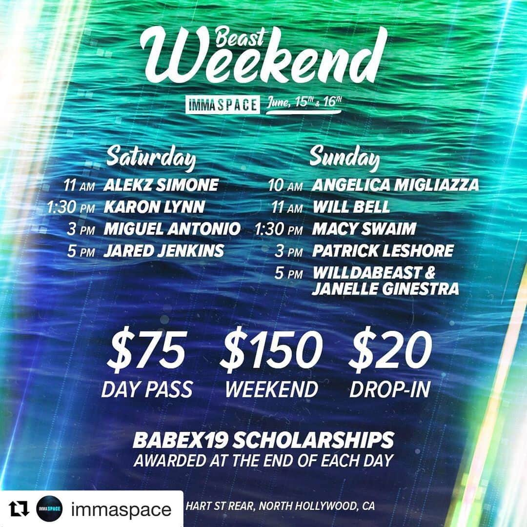 WilldaBeastさんのインスタグラム写真 - (WilldaBeastInstagram)「Come train at The place where all are accepted . No judgement just GREAT ENERGY 🖤💙🏆 #Repost @immaspace ・・・ COME JOIN US FOR OUR SPECIAL BEAST WEEKEND 🔥 💯  at #immaspace • We’ve got an incredible lineup⬆️⬆️ for the whole weekend to really challenge you and propel you to the next level of professional dancing. • READ THE FLYER FOR ALL THE DETAILS; ➡️➡️Available now for registration and purchase on the MindBody App 📲 📲 • • #strongpositiveattitudeschangeeverything」6月15日 12時48分 - willdabeast__