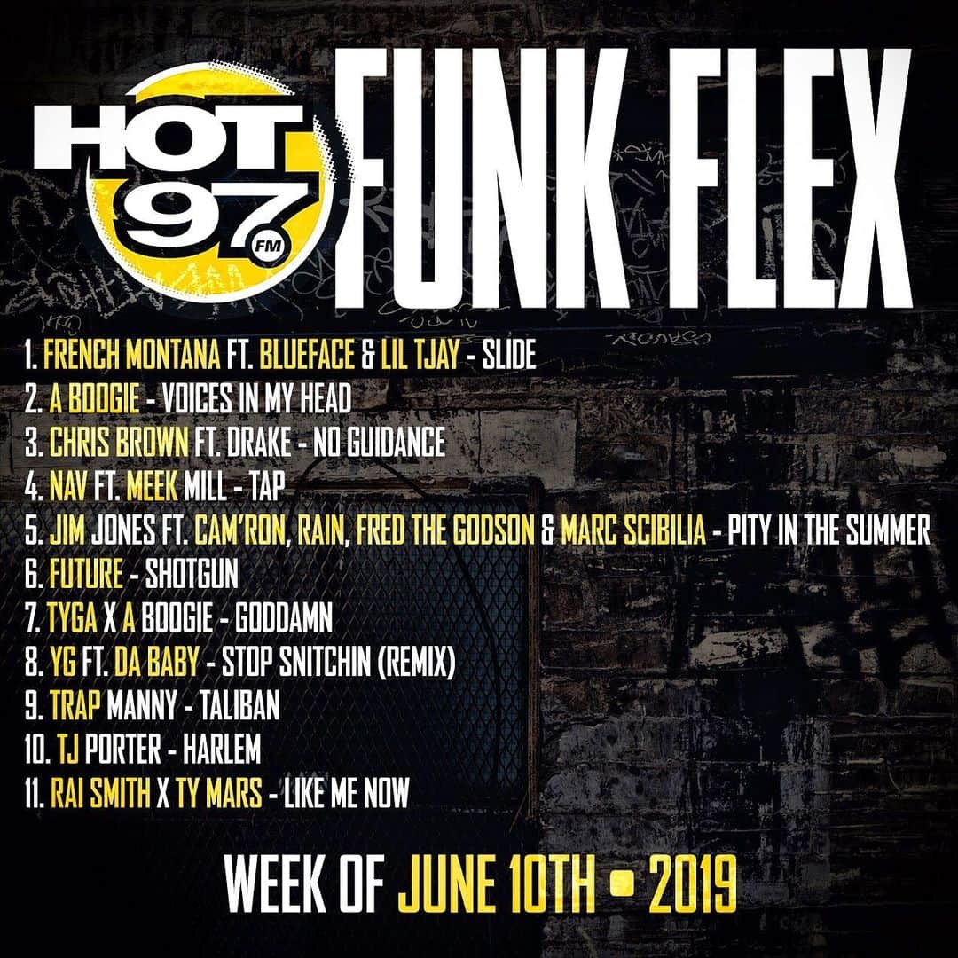 ファンクマスター・フレックスのインスタグラム：「1 @FrenchMontana ft. @bluefacebleedem & @liltjay - Slide (Prod. by #Ashton+ #MIXX + #FrenchMontana [ @salxco + @cashxo ]  2  @artisthbtl - Voices In My Head (Prod. by @nascentbeats + @jakeuno + @sladedamonsta ) [ @qp_hbtl + @babydubai_hbtl + @emm.six ] 3 @chrisbrownofficial ft. @champagnepapi - No Guidance (Prod. by @vinylz + @jlouis + @velous + @ovo40 )  4 @Nav ft. @MeekMill - Tap (Prod. by @wrxwesten + @londonondatrack ) [ @salxco + @cashxo ]  5 @JimJonesCapo  ft. @mr_camron, @rain910, @fredthegodsonmusic & @@marcscibilia - Pity In The Summer (Prod. by @officialheatmakerz ) 6 @Future - Shotgun (Prod. by @detailgo ) 7 @Tyga x @Artisthbtl - Goddamn (Prod. by @dagotthatdope ) 8 @YG ft. @DaBaby - Stop Snitchin (remix) (Prod. by @yung_tago + @tntxd_ ) 9 @TrapMannyhbtl - Taliban [[ @qp_hbtl + @babydubai_hbtl + @emm.six ]] 10 @TJPorter - Harlem (Prod. by @nascentbeats + @beatbutcha_soi ) [ @wayno119 + @lowkey_l ) 11 @raillennial x @realryte_tymars - Like Me Now @wilmajor」