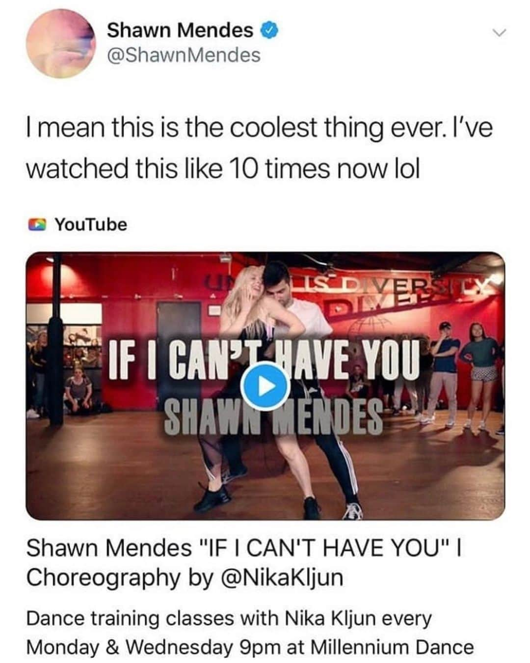 Nika Kljunさんのインスタグラム写真 - (Nika KljunInstagram)「Thank you @shawnmendes for sharing my new class video #IfICantHaveYou and for supporting the dance community! Gotta appreciate artists like that 💪🏻 Have you guys checked it out on #YouTube yet?! 🤩 (link in bio) oohhh I love my students 🥰, there is so much talent in that video! 🤩🔥❤️🙌🏻 . Thank you to my supporters for all of the reposts as well. I love you! 😌💗 The energy of the song is truly contagious; I’m so glad you are enjoying the video as much as I enjoy good music, good people, and sharing true love for dance ❤️ you guys are the best! . #shawnmendes #ilovemyjob❤️ #nikakljun #millenniumdancecomplex #nikakljunchoreography #choreographer #dancelifestyle #loveunited #gratitude #loveuguys」6月15日 16時36分 - nikakljun