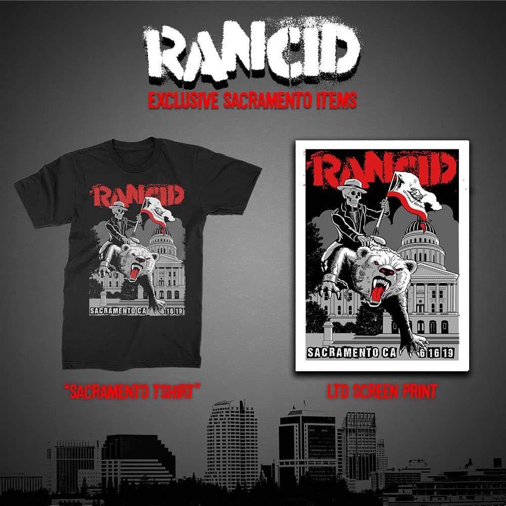 Rancidさんのインスタグラム写真 - (RancidInstagram)「Sacramento, here is the exclusive merch available at @thebashfestival tomorrow. Swipe for set times. Tag a friend in the comments to win tickets.  Art by @ernieparada」6月15日 23時50分 - rancid