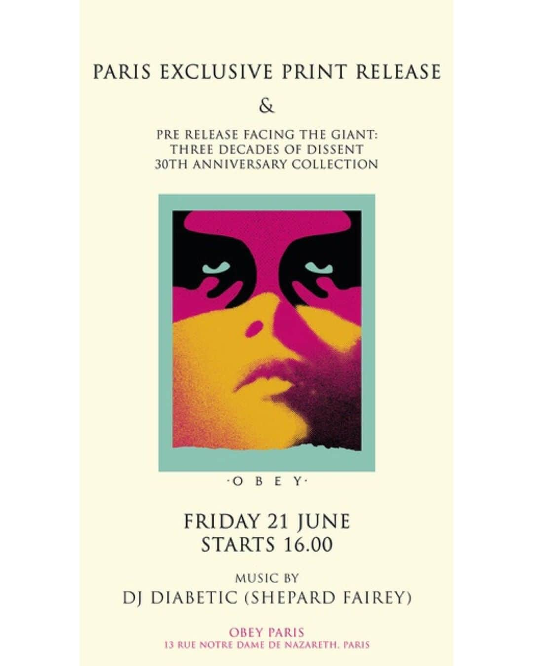 Shepard Faireyさんのインスタグラム写真 - (Shepard FaireyInstagram)「In celebration of the #OBEYGIANT30TH, I'll be djing at the @obeyclothingparis store for the Facing the Giant 30th Anniversary Collection release party on June 21st!﻿ ⠀⠀⠀⠀⠀⠀⠀⠀⠀﻿ The #FACINGTHEGIANT clothing collection will be available that day, as well as this new colorway of my Obey Shadowplay print, exclusive to the @obeyclothingparis store on June 21st and the following day, June 22nd during the opening of "Facing the Giant: 3 Decades of Dissent" with @galerie_itinerrance.﻿ - Shepard﻿ ⠀⠀⠀⠀⠀⠀⠀⠀⠀﻿ OBEY Shadowplay (Paris exclusive colorway) on cream Speckletone Paper. 18 x 24 inches. Signed by Shepard Fairey. Numbered edition of 500. Available on June 21st at the Obey Clothing Paris store, and June 22nd at Galerie Intinerrance.﻿」6月16日 1時15分 - obeygiant