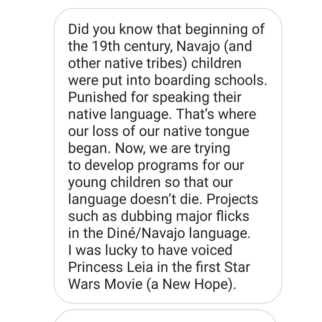 マヌー・ベネットさんのインスタグラム写真 - (マヌー・ベネットInstagram)「I received this inspiring message from a wonderful Navajo lady, @l1ttlewolves What a fantastic idea to dub classic films such as Star Wars in indigenous languages that are under threat, an invaluable teaching tool for young indigenous kids. Truly inspiring! MAY THE FORCE BE WITH YOU PRINCESS NAVAJO!! #culture #voice #navajo @natgeo @navajonewsbroadcast @homai_maoritv @tekareretvnz」6月16日 7時20分 - manubennett