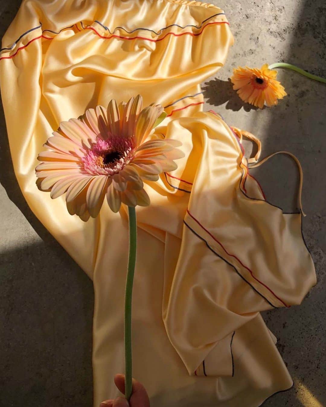 のインスタグラム：「- BASERANGE 2019SS Collection Silk Satin Camisole & Skirt - EMILY  WEEK LUMINE IKEBUKURO 東京都 豊島区西池袋1-11-1 ルミネ池袋 B1F ATERIE Spick&Span内 - #EMILYWEEK #reset #active #neutral #balance #aroma #organic #period #relax #design #typography #photography #womonslife #tokyo #ikebukuro #LUMINE #newopen #baserange  #repost @baserange.store.melbourne ・・・ Super special Gene styles in silk satin just arrived. Red & Blue baby lock detail on the panels, this colour is called Oil. Featuring the humble gerbera courtesy of @hattiemolloy ~ who has taken the task to bring them back into your floral arrangements. Come peruse the new styles, we’ll be open 11 — 7 pm today with @shiftingworlds and @sukuhome」