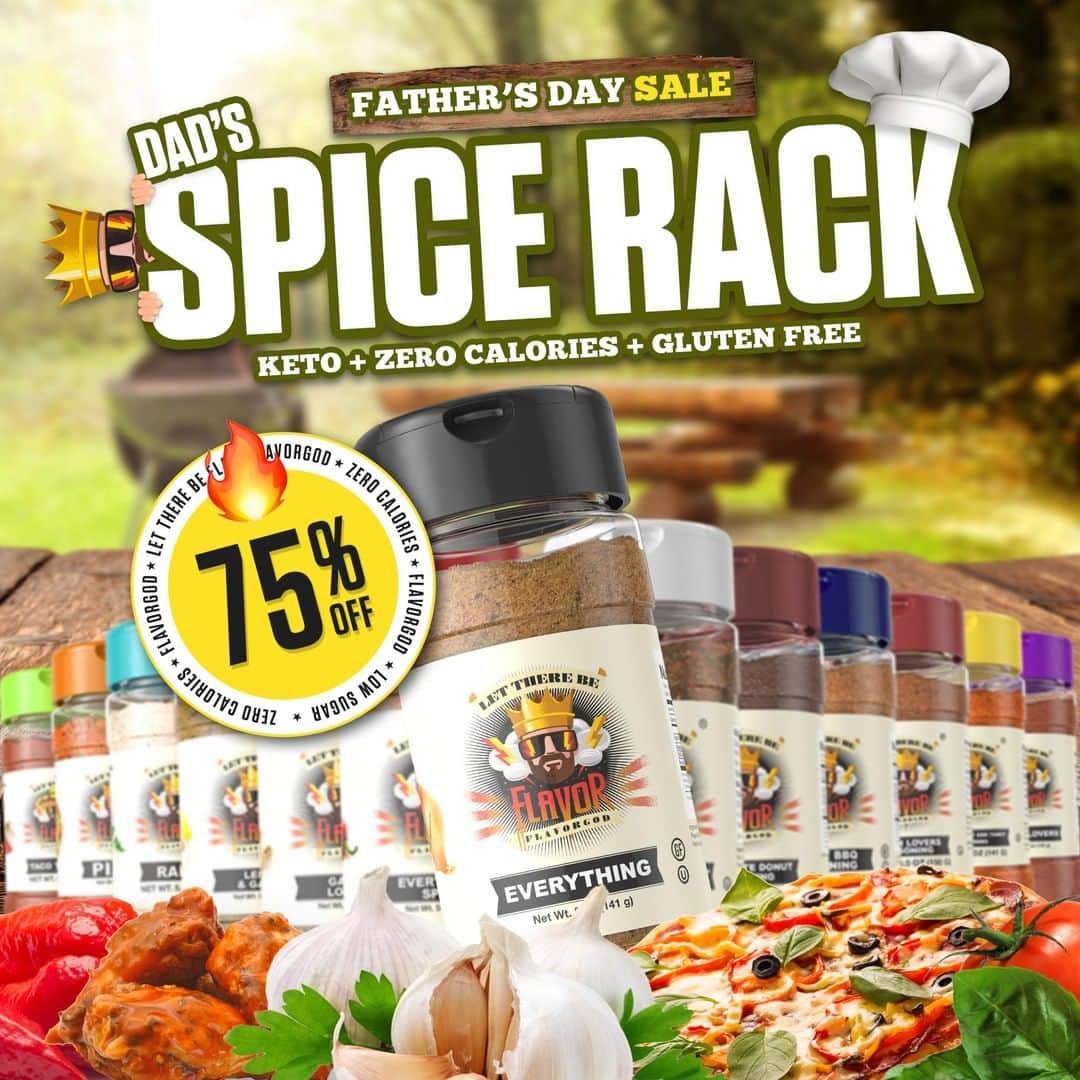 Flavorgod Seasoningsさんのインスタグラム写真 - (Flavorgod SeasoningsInstagram)「👨Father’s Day Sale + Limited Edition Father’s Day Spice Rack! 👨﻿ - 🚨 As low as $5.45 🚨 FREE Gift Options at Checkout! .﻿ 🔥🔥🔥🔥🔥Time to stock up for Summer🔥🔥🔥🔥🔥﻿ Click on the link in bio for all details -> @flavorgod﻿ www.flavorgod.com﻿ .﻿ Flavor God Seasonings are:﻿ 💥 Zero Calories per Serving ﻿ 🙌 0 Sugar per Serving﻿ 🔥 KETO & PALEO﻿ 🌱 GLUTEN FREE & KOSHER﻿ ☀️ VEGAN-FRIENDLY ﻿ 🌊 Low salt﻿ ⚡️ NO MSG﻿ 🚫 NO SOY﻿ 🥛 DAIRY FREE *except Ranch ﻿ 🌿 All Natural & Made Fresh﻿ ⏰ Shelf life is 24 months﻿ -﻿ -﻿ #food #foodie #flavorgod #seasonings #glutenfree #mealprep  #keto #paleo #vegan #kosher #breakfast #lunch #dinner #yummy #delicious #foodporn」6月17日 2時18分 - flavorgod