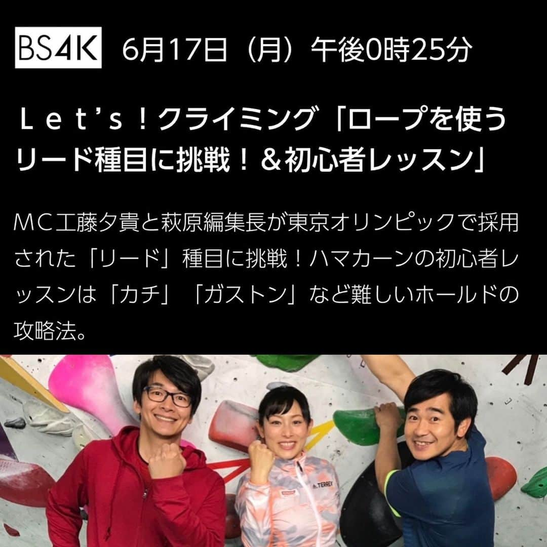 尾川とも子さんのインスタグラム写真 - (尾川とも子Instagram)「6/17(月)BS4K  12:25-  Let's!クライミングが再放送され講師として出演します。 (4kをご覧になるには受信契約が必要です。) Let's！クライミング「ロープを使うリード種目に挑戦！＆初心者レッスン」 MC工藤夕貴と萩原編集長が東京オリンピックで採用された「リード」種目に挑戦！ハマカーンの初心者レッスンは「カチ」「ガストン」など難しいホールドの攻略法。  MC工藤夕貴と萩原編集長が体験リポートする「おでかけクライミング」は、東京オリンピックで採用された3種目の一つ「リード」に挑戦！ボルダリングとは違うさまざまなテクニックを学ぶ。お笑いコンビ・ハマカーンの初心者レッスンでは、今週も難しいホールドに挑戦。指をかけづらいホールド「カチ」や外向きに力をかける「ガストン」などの攻略法を、プロクライマー尾川とも子先生に教えてもらう。」6月16日 21時48分 - ogawatomoko_bouldering