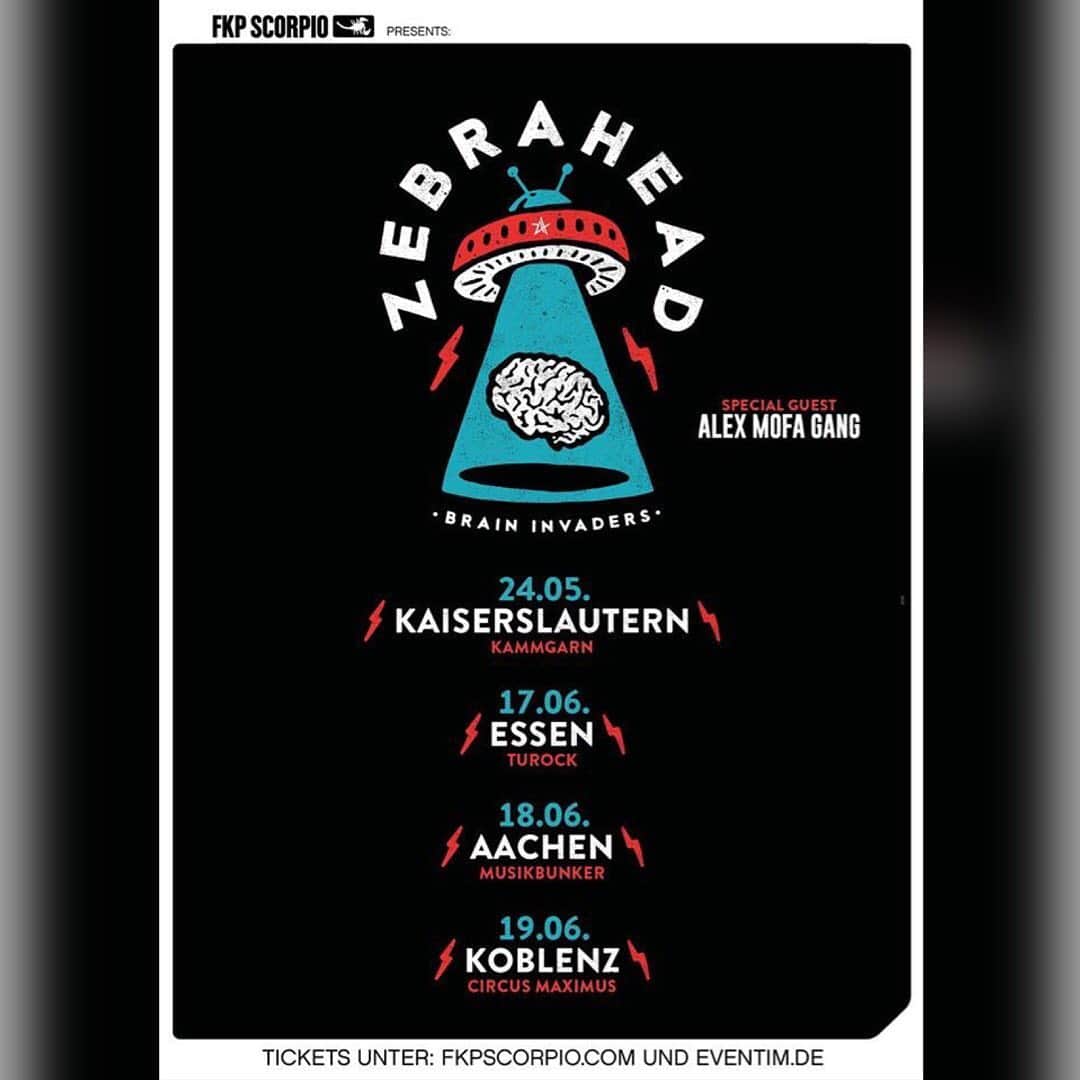Zebraheadさんのインスタグラム写真 - (ZebraheadInstagram)「Germany!  Koblenz is now SOLD OUT.  Get your tickets to ESSEN and AACHEN now!! Headline parties between festival weekends.  Sounds fun...cause it is!!! #BRAININVADERS is coming to town.  Get your tickets now..... June 17- Turok, Essen, Germany June 18- Musikbunker-Aachen e.v.,Aachen, Germany  June 19- Circus Maximus, Koblenz, Germany-SOLD OUT  https://www.fkpscorpio.com/de/bands-archiv/zebrahead/ @alexmofagang #Zebrahead #braininvaders」6月16日 22時00分 - zebraheadofficial
