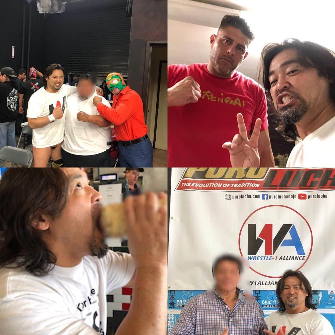 カズ・ハヤシさんのインスタグラム写真 - (カズ・ハヤシInstagram)「最後のロスでのセミナーのあとにそのまま残り試合してきました。  #puroluchadojo House Show featuring Kaz Hayashi of Wrestle-1 メキシコの人が多くいたな。 セミナーでの合格者にメキシコ人#マスクマンが2人いたし。  その試合に25年の友達の スーパーボーイが来てくれた。 顔にモザイクかけました。  隣は、時が経っても変わらない Ruidoso ピロトスイシーダ  右下も25年ぶりの物静かなメルクリオ！ 顔にモザイクかけました。  今宵のパートナーは、阿部寛似のアロン、誰か分かるかな？？？ 彼はモザイクいらんな。  ランチは、今回全てにお世話になった ゲーリーさんとメキシカンフードへ行き無茶苦茶デカイ#ブリトー ! ブリトーにモザイクかけました。  そして一緒に旅したSONNYさん！ 何年経っても#楽しかった 。」6月17日 3時42分 - kaz_hayashi1973
