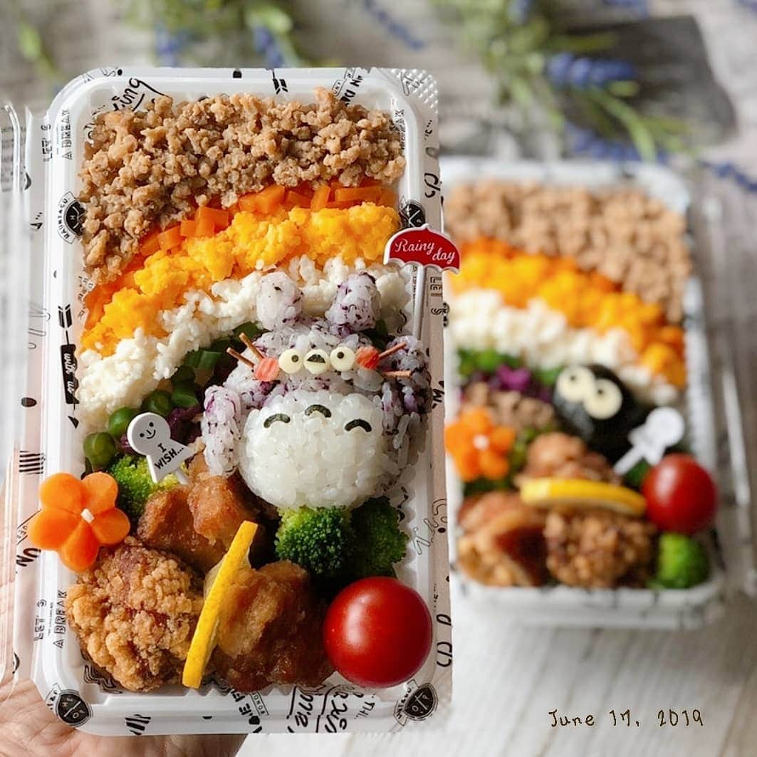 むっくママさんのインスタグラム写真 - (むっくママInstagram)「(о´∀`о)ノ *  #トトロ弁当　で、こんにちは👋😃 * #合体弁当 * 仕事行ってきました🙆 * なかなか梅雨に入らない大阪ですが、#雨ふり弁当 です☔ * 2枚目→蓋を閉めるときは、トトロは私のお口へ😋🍴💕 *  3枚目→去年は、どんな弁当を作ってたのかなぁー？って、思ったら、去年もトトロやったー😁🎵 * それでは皆さんご一緒に🎵 * 午後からもふぁいてぃーん🙌🙌🙌 * 上から * 鶏そぼろ * 人参のナムル * 炒り玉子(黄身) * 炒り玉子(白身) * インゲン豆(お浸し) * しば漬 * 鶏そぼろ *  #お弁当#お弁当作り楽しもう部 #お昼が楽しみになるお弁当 #可愛いお弁当作りたい部 #豊かな食卓 #ママリクッキング #ベビフル#こども弁当 #こどもごはん #娘弁当 #幼稚園弁当 #キャラベニスト弁当#キャラ弁#おにぎり弁当#顔むすび #そぼろ弁当 #おうちごはんlover #トトロ#wp_deli_japan #obento #lunchbox #instagood #riceball #totoro#japanesefood #kyarabenist #てづくりおべんと365」6月17日 12時31分 - mutsukumama