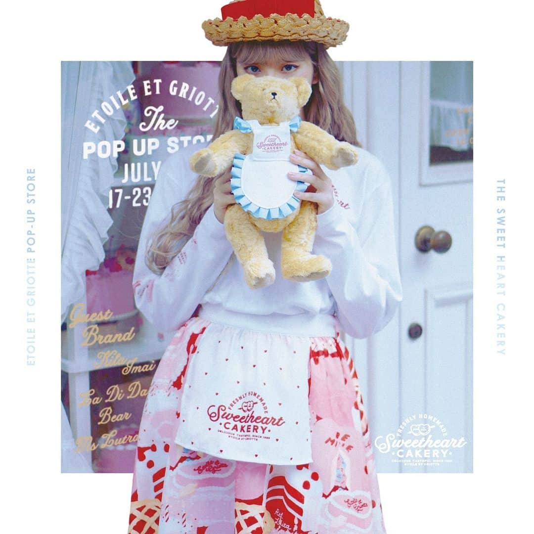 今井キラのインスタグラム：「🎂EVENT NEWS﻿ ﻿ Etoile et Griotte約1年ぶりとなるPOP-UP STOREがイセタンガールに期間限定オープン！架空のケーキ屋さん"Sweet Heart CAKERY"をテーマにアパレルやステーショナリーを先行発売♡マスキングテープ2種の限定販売やゲストブランドとのspecialなコラボアイテムもお見逃しなく♡﻿ ﻿ 🎂Guest Brand﻿ 今井キラ / La Di Da Bear / Ms LUTRA﻿ ﻿ 期間中¥7,560(税込)以上お買い上げの方にノベルティ10cm BIG缶バッチを先着でプレゼント！﻿ ﻿ ※初日7/17(水)は入場順を決める事前抽選を行います。詳細は7/10以降にご案内いたします。※マスキングテープはお一人様1種類につき3点まで、その他の商品はお一人様1種類につき5点までのご購入とさせていただきます。﻿ ﻿ 🎂Etoile et Griotte POP-UP STORE﻿ 7/17(水)-23(火)　10:00~20:00﻿ 伊勢丹新宿店本館2階=イセタンガール﻿ #sweetheart_cakery﻿ ﻿ 🍰🍰🍰﻿ ﻿ Etoile et GriotteさんのPOP-UP STOREに私もゲスト参加させていただきます♡」