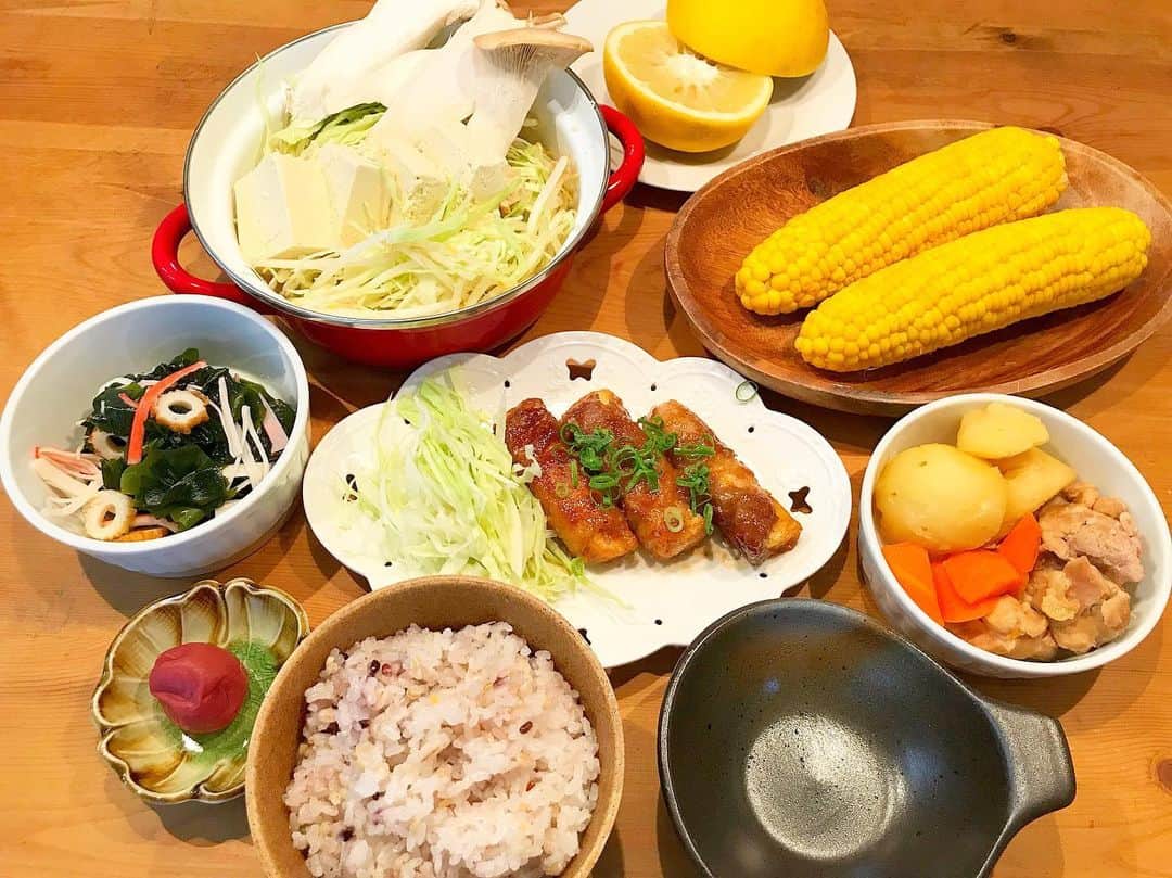 koichan familyさんのインスタグラム写真 - (koichan familyInstagram)「今日の夜ごはん🥢 （長男くん1人前の量） ・ ・ 次男くんも最近食欲がすごいから恐ろしくなってきました.. ・ ・ 厚揚豆腐の肉巻き 鶏の煮物 ワカメの酢の物  水炊き鍋 とうもろこし  グレープ ・ ・ ・ 拘った料理なんて出来ないから、早くアスリートの食事の資格もとって手抜きご飯の中で栄養高いものだけ使いたい。 ・ ・ 我が家のメンズたち🙋🏽‍♂️🙋🏽‍♂️🙋🏽‍♂️ たくさん食べて大きくなぁれ。 ・ ・ ・ #夜ごはん#和食#少年野球#少年野球のママ#少年野球の母#兄弟#男の子ママ」6月17日 19時17分 - koichan5.5