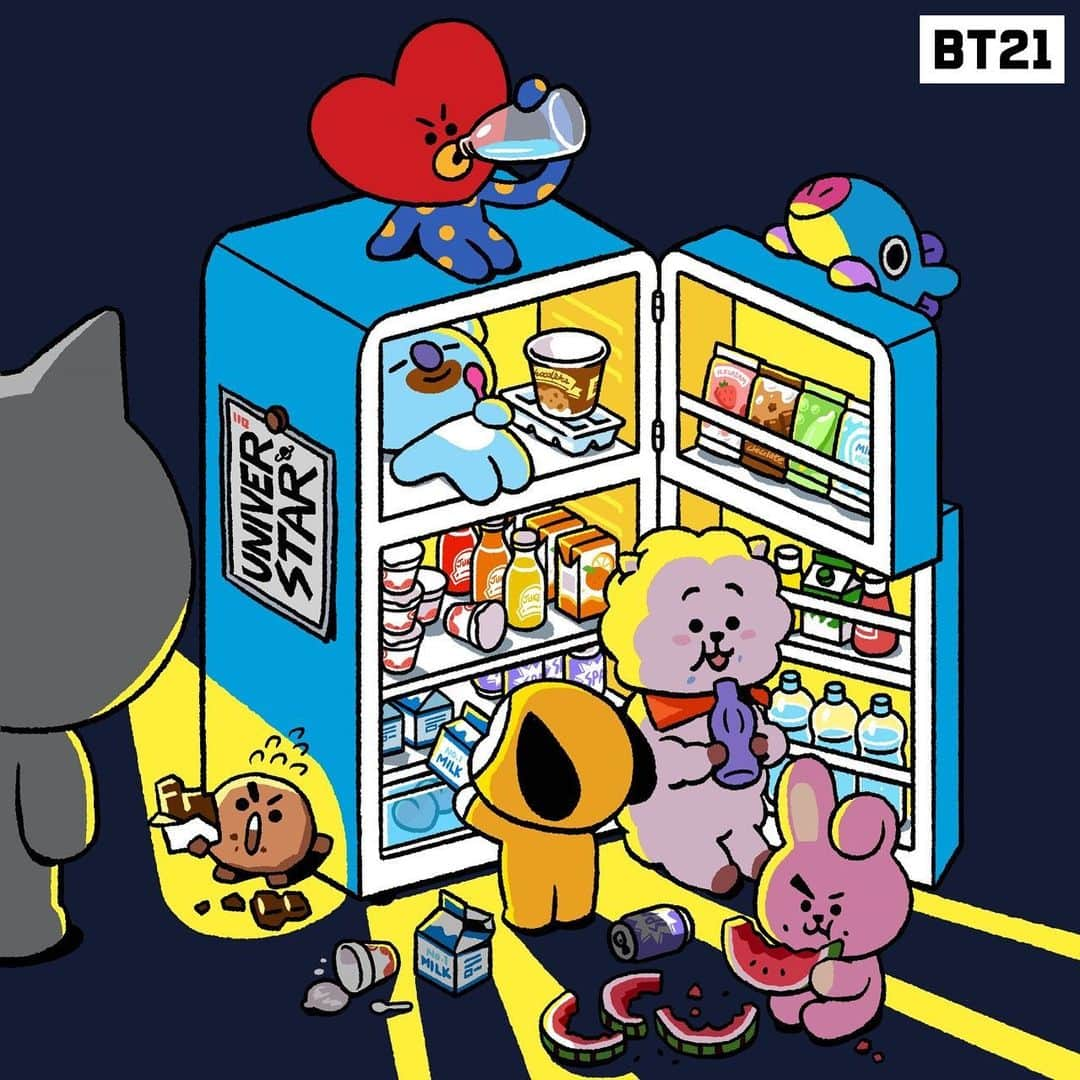 BT21 Stars of tomorrow, UNIVERSTAR!さんのインスタグラム写真 - (BT21 Stars of tomorrow, UNIVERSTAR!Instagram)「Freeze! Crime scene at night 🚨 #Guilty of #BeingHungry #FridgeThieves #Suspect #Spotted #BT21」7月16日 18時01分 - bt21_official