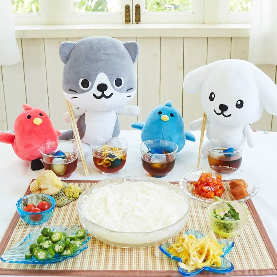 のインスタグラム：「ちゅるちゅるひんやり、おそうめん〜。ダス犬のスワイプ前と後で間違いが3つあるよ！探してみてね！  #おそうめんって茹でるだけなのに #どうしてこんなにおいしいんだろう #おろし生姜と薬味でさっぱり #いくらでも食べられちゃうね」