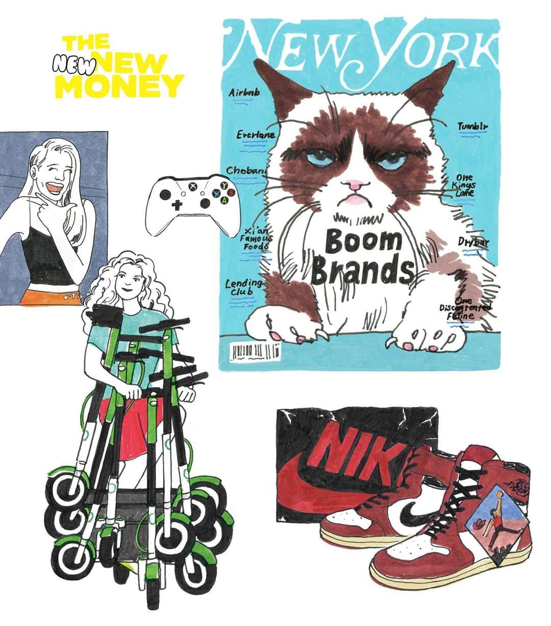 WALNUTさんのインスタグラム写真 - (WALNUTInstagram)「ロンドンのビジネス誌【Courier Magazine】@couriermedia のイラストレーションを担当しました🇬🇧 テーマは "現代の若者の新しいお金の稼ぎ方について"💰 . Twitch gamersでゲーム実況をビジネスにするひと、 Lime-S(シェア電動スクーター)でお金を稼ぐひと、 Instagramで中古のスニーカーを販売するひと、 そして日本でもお馴染みのTikTokで知名度を上げ、ビジネスにするひと。 ほかには #memes で有名なネコなど描きました！ .  Courier Magazineはおもしろいイラストレーターをたくさん起用してる雑誌なので、今回お仕事できてとても嬉しかったです😍❤️ .  Illustration created for the new Courier London magazine.It Was an honour to work on this. Thank you @couriermedia ！ 💰💸🤑🌈💖✨ #TheNEWNEWMoney #modernbusiness #london #magazine #mywork #couriermagazine #illustration #twitchgamer #limebike #tiktok #businessillustration」7月12日 19時14分 - walnut_illustration