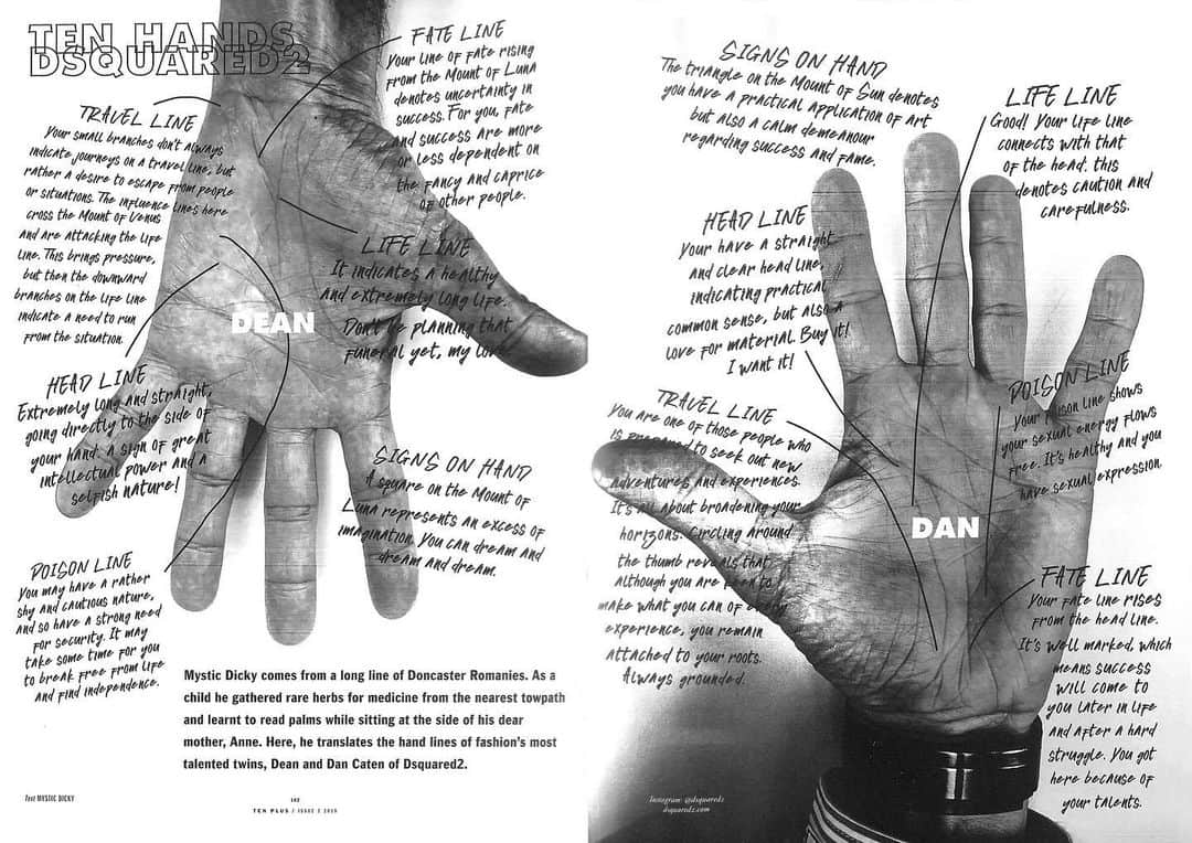 ディースクエアードさんのインスタグラム写真 - (ディースクエアードInstagram)「Palm reading insights with Dean and Dan, covered by @10magazine #D2Editorials #Dsquared2」7月12日 20時06分 - dsquared2