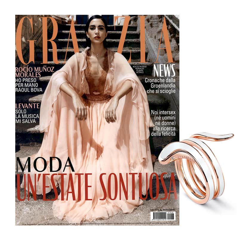 ダミアーニさんのインスタグラム写真 - (ダミアーニInstagram)「The stunning @rociommorales is the epitome of elegance on the front cover of @grazia_it, wearing a necklace and ring in white ceramic, pink gold and diamond from #DamianiEden collection.  #Damiani #DamianiEditorial」7月12日 21時30分 - damianiofficial