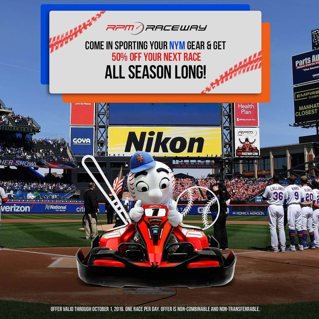 ニューヨーク・メッツさんのインスタグラム写真 - (ニューヨーク・メッツInstagram)「Next up on the track - @MrMet! It’s baseball season at RPM Raceway, which means 50% off your first race just by sporting your favorite #Mets gear ✋️✋️. Tear up the track and catch tonight’s game at your nearest RPM Raceway location! 🏎💨」7月12日 22時46分 - mets