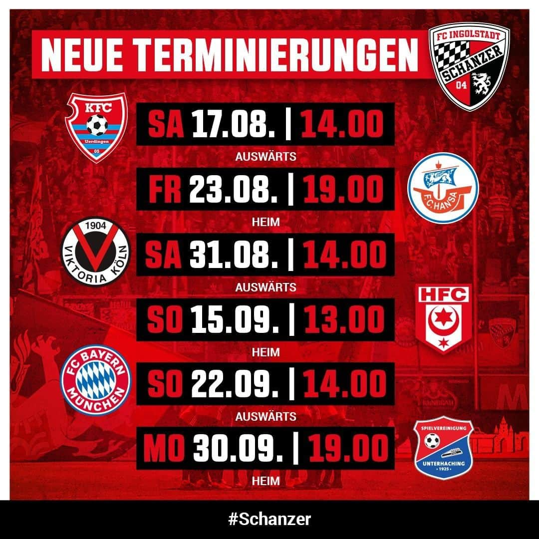 FCインゴルシュタット04さんのインスタグラム写真 - (FCインゴルシュタット04Instagram)「‼️Zückt die Kalender, #Schanzer‼️ Die @3.liga hat soeben die Termine für die Spieltage 5️⃣bis 1️⃣0️⃣zeitgenau fixiert ⚽️🗓 Auf welches Spiel freut ihr euch am meisten⁉️🙌⚫️🔴 . . #FCI #FCIngolstadt04 #UnsereSchanz #SchanzerHeimat #AudiSportpark #Saisonstart #Spielplan #Kalender #Termine #Appointments #3Liga #FU3BALL #fussball #football #soccer #Ingolstadt #zeigtsuns」7月12日 23時00分 - dieschanzer