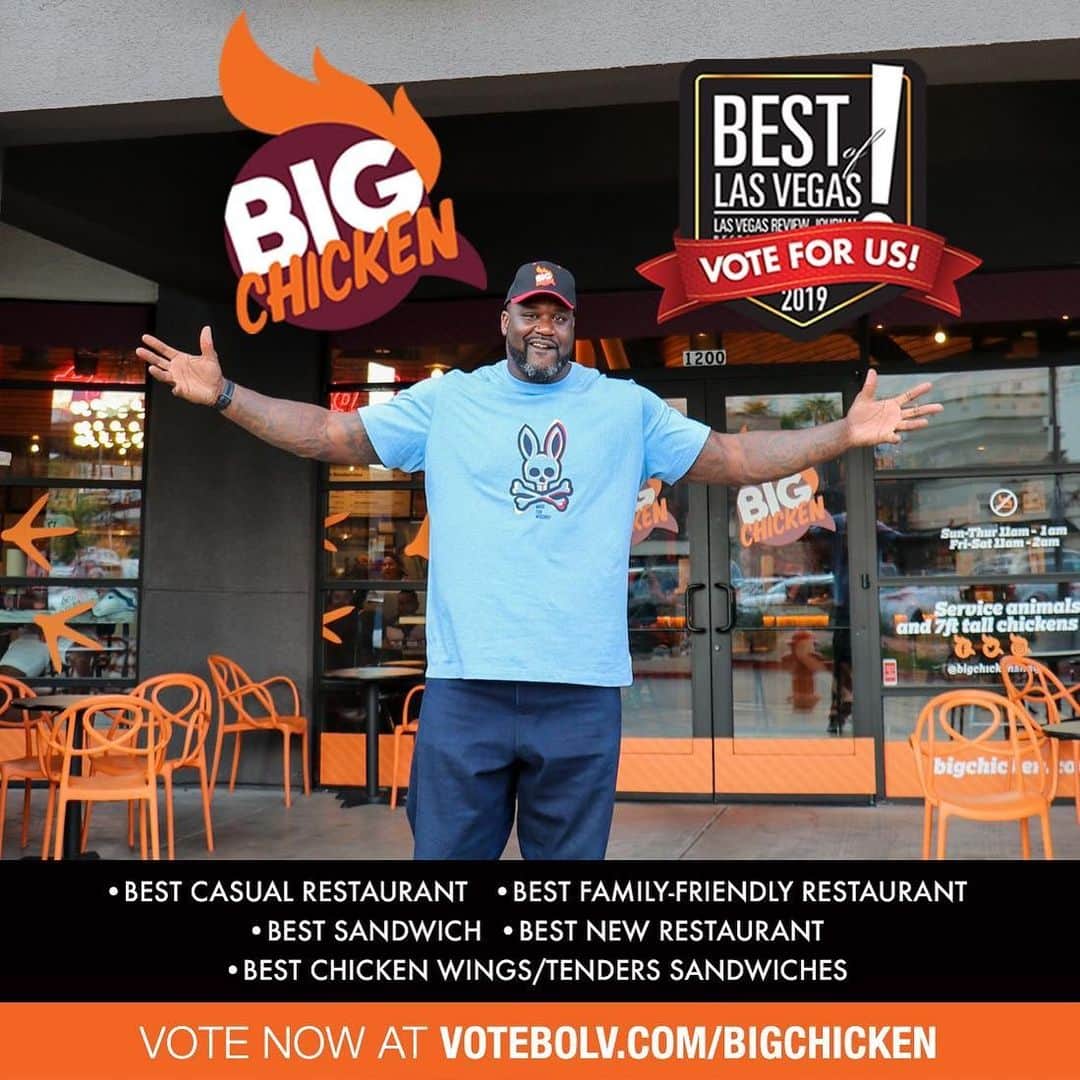 シャキール・オニールさんのインスタグラム写真 - (シャキール・オニールInstagram)「My restaurant, @BigChickenShaq, has been nominated for Best of Las Vegas 2019! Cast your vote daily atbit.ly/votebigchicken or at the link in the bio, then drop me a comment to let me know what your favorite sandwich at #BigChickenShaq is!」7月13日 0時45分 - shaq