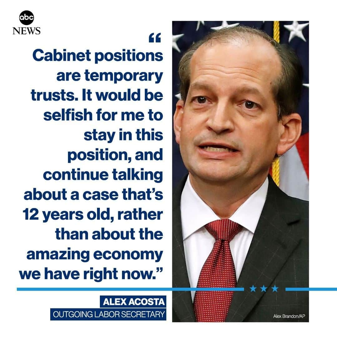 ABC Newsさんのインスタグラム写真 - (ABC NewsInstagram)「Labor Secretary Alex Acosta has resigned amid controversy over his role in a 2008 plea deal with accused sex trafficker Jeffrey Epstein. #alexacosta #jerffreyepstein #donaldtrump #politics #labor」7月13日 4時17分 - abcnews