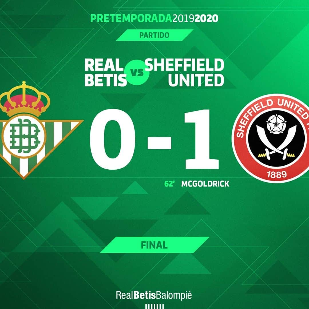 レアル・ベティスさんのインスタグラム写真 - (レアル・ベティスInstagram)「90' ⏱⚽️ Final del partido ante el Sheffield United -- 90' ⏱⚽️ Full time 💚⚪ #RealBetisSUFC 0-1 🔴⚫ #DíaDeBetis」7月13日 5時53分 - realbetisbalompie