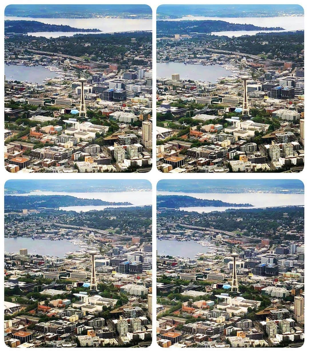 ブライアン・メイさんのインスタグラム写真 - (ブライアン・メイInstagram)「Seattle from the air in Hyperstereo.  For both views, the parallel view is at the top, and the cross-eyed viewing version is underneath.  I’m happy to see many of you folks out there in Team Stereo are having fun taking this kind of 3-D view from aeroplane windows (and it works from cars and trains too if you’re persistent !). If you like this idea, it’s easy to do. Install an app like i3DSteroid on your smart phone, and simply snap two pictures looking out of your window a few seconds apart (trial and error will soon show you how long to leave between shots in any situation). Use the app to create and save your stereos and then ... share them with us !!! TACOMA Here we come !!! 💥💥💥💥In the middle of the first picture - downtown Seattle - you can see the tallest building - Columbia Center- from which I took the stereos of the Space Tower. Stereo opportunities are everywhere !!! Bri」7月13日 6時25分 - brianmayforreal