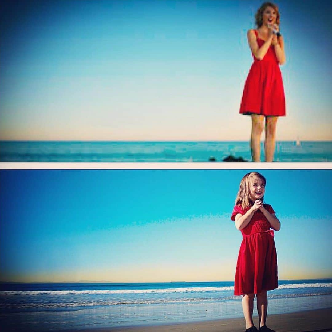 Saraのインスタグラム：「Blues skies 🦋 . . . #lillystaylortuesday #beach #surfcityusa #taylorswift #photorecreation #reddress #swiftie #swifties #taylornation @taylorswift」