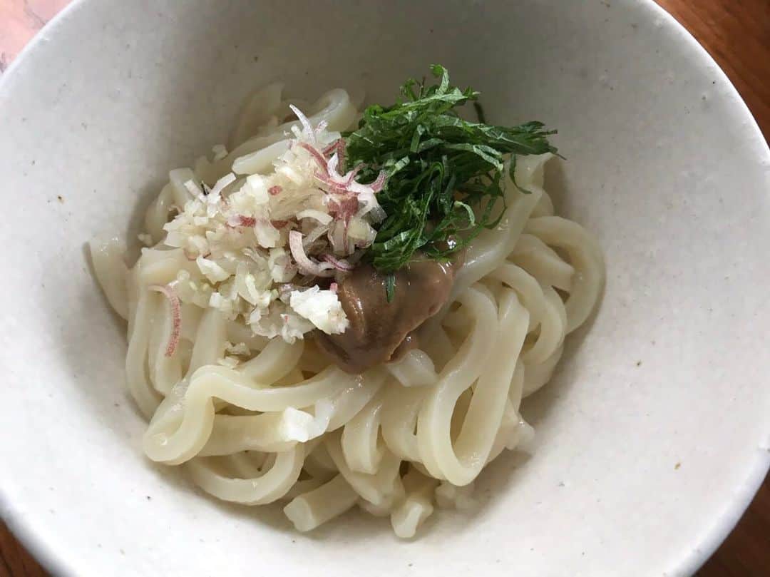 栗原友さんのインスタグラム写真 - (栗原友Instagram)「@kajiwara_lc さんからいただいたおか泉のうどん。余った練りゴマをおか泉のだし醤油に和えて、ミョウガとシソとエシャロットでぐるぐる混ぜ麺。 どんな味だって美味しくしてくれるこの麺はゴイスーーー」7月13日 9時32分 - kuri__tomo