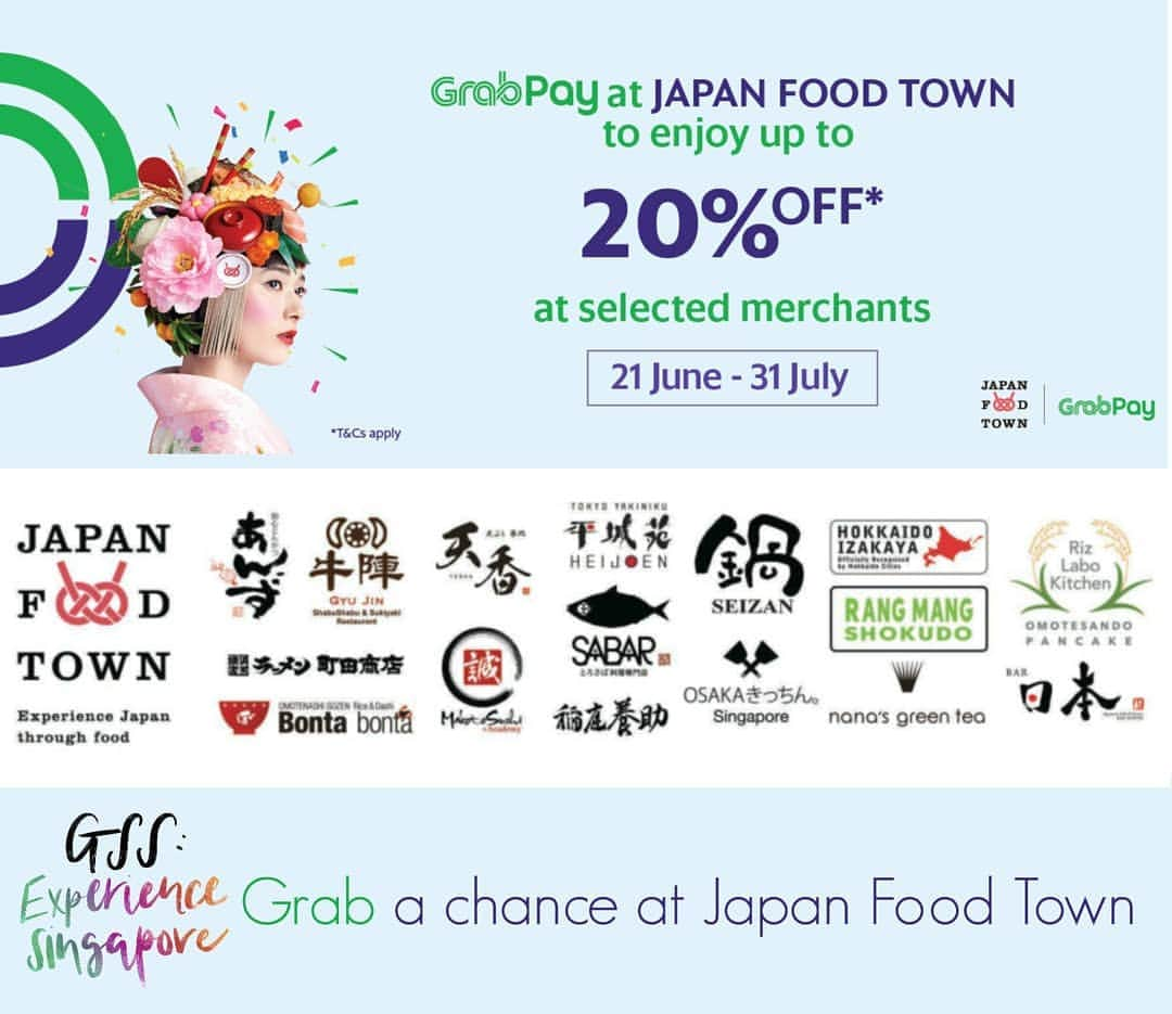 Japan Food Townさんのインスタグラム写真 - (Japan Food TownInstagram)「Special GSS Deal with GrabPay!!﻿ ﻿ Grab a chance to enjoy up to 20% OFF your total bill at Japan Food Town through payment by GrabPay.﻿ ﻿ Don't miss this great chance to enjoy special discount through GrabPay during GSS shopping around Orchard area.﻿ Great Singapore Sale with Grab Pay will be available until 31st of July 2019.﻿ * T&Cs apply﻿ ﻿ Check the details as follows link : www.grab.com/sg/japanfoodtownwisma/﻿ ﻿ GrabPayとのコラボレーションでお届けするグレートシンガポールセール特別割引き！﻿ ﻿ Japan Food Townからグレートシンガポール期間中の素敵な割引きプロモーションのお知らせです。﻿ 期間中にGrabPayにてお支払いをいただくと最大20％OFF（店舗によって割引き特典が異なります）でお食事等をお楽しみ頂けるグレートシンガポールwith GrabPayを開催中です。﻿ グレートシンガポールwith GrabPayがご利用頂けるのは2019年7月31日までの期間限定。﻿ ＊諸条件が適応になります。﻿ ﻿ 各店の割引き並びに詳細はこちらのリンクからご確認下さい：www.grab.com/sg/japanfoodtownwisma/﻿ ﻿ #japanfoodtown #japanesfood #eatoutsg #sgeat #foodloversg #sgfoodporn#sgfoodsteps #instafoodsg #japanesefoodsg #foodsg #orchard #sgfood #foodstagram #singapore #wismaatria #grabpay #gss #greatsingaporesale﻿ ﻿」7月13日 10時24分 - japanfoodtown