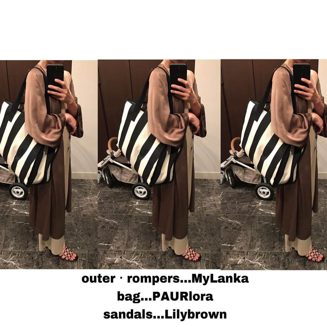 星野加奈のインスタグラム：「・ ・ #outfit ・ #outer ・#rompers  #mylanka  #bag  #paurlora  #sandals  #lilybrown ・ なかなか撮らない私服を久しぶりに❤︎ ・ 気分はベージュ系だったのか、いろんな展示会で頼んだものがほとんどブラウン、ベージュ系だった😂 ・ 最近お気に入りのブランド「MyLanka」は 大人っぽくてカジュアルで程よい抜け感がたまらなく好き♡ ・ バッグは持っているといつもどこの？って聞かれる「PAURlora」💋💋 ・ @natsukotogo がディレクションしてるブランドだよ❤️ ほかにも可愛い雑貨もあるのでタグ付けしてあるから覗いてみて♡ ・ 早く梅雨明けないかなー😔😔 天気が悪いと息子とのお出かけ場所にすごく困る🤔」