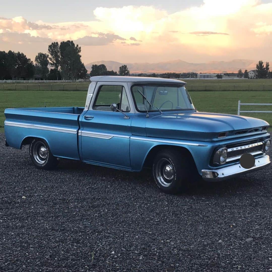 ストーン・コールド・スティーブ・オースチンのインスタグラム：「Finally got ‘Ol Blue street legal for Nevada. Running like a top. Cali riding shotgun. #blacklab #350 #auto #chevy #c10 #1966 #hellyeah」
