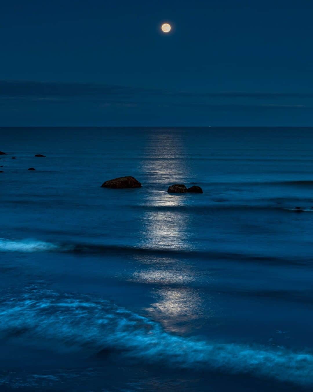 National Geographic Travelさんのインスタグラム写真 - (National Geographic TravelInstagram)「Photo by @BabakTafreshi | The full moon at dusk above the Atlantic Ocean shore. I took this single exposure photograph near my home in Boston. The moon has been the Earth's companion for more than 4 billion years. This month marks the 50th anniversary of when we finally landed there on July 20, 1969. The moon plays an essential role to life on this planet. Without its tidal force, the evolution path of life may never have developed in this way. Explore more of The World at Night photography with me, @babaktafreshi. #twanight #moon #apollo #nightphotography」7月13日 16時00分 - natgeotravel