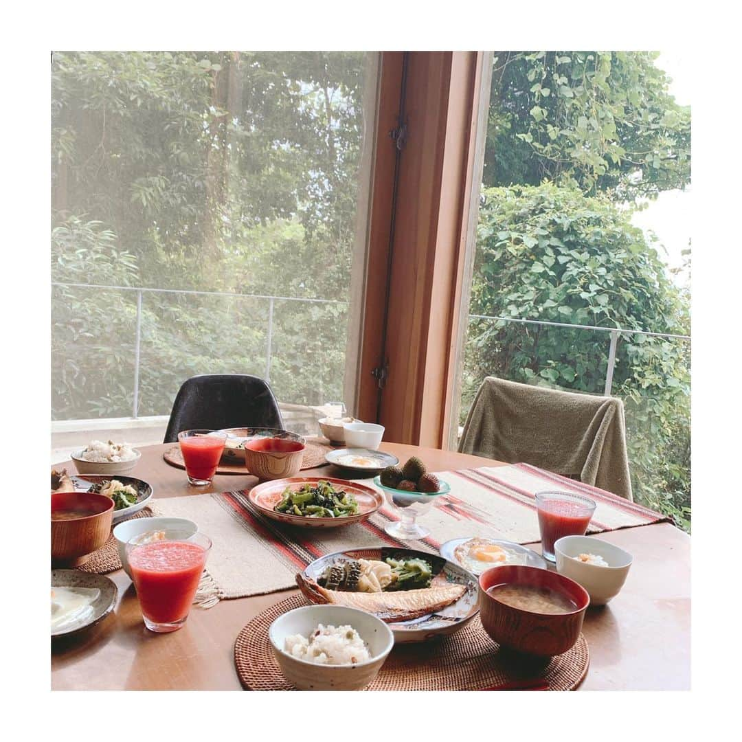 森下千里さんのインスタグラム写真 - (森下千里Instagram)「幸せの食卓。 . . 朝から一緒にご飯を食べること。 一人暮らしだとなかなかないわけで、 そんなことも含めて、お泊り大好き。  健康を意識したご飯。 最高の調味料は愛情だと知っている🧂 . . #goodmorning #おはよう #お泊り #朝ごはん #みんなで食べる #美味しい #健康食  #green #逗子 #景色綺麗」7月13日 16時31分 - morishitachii