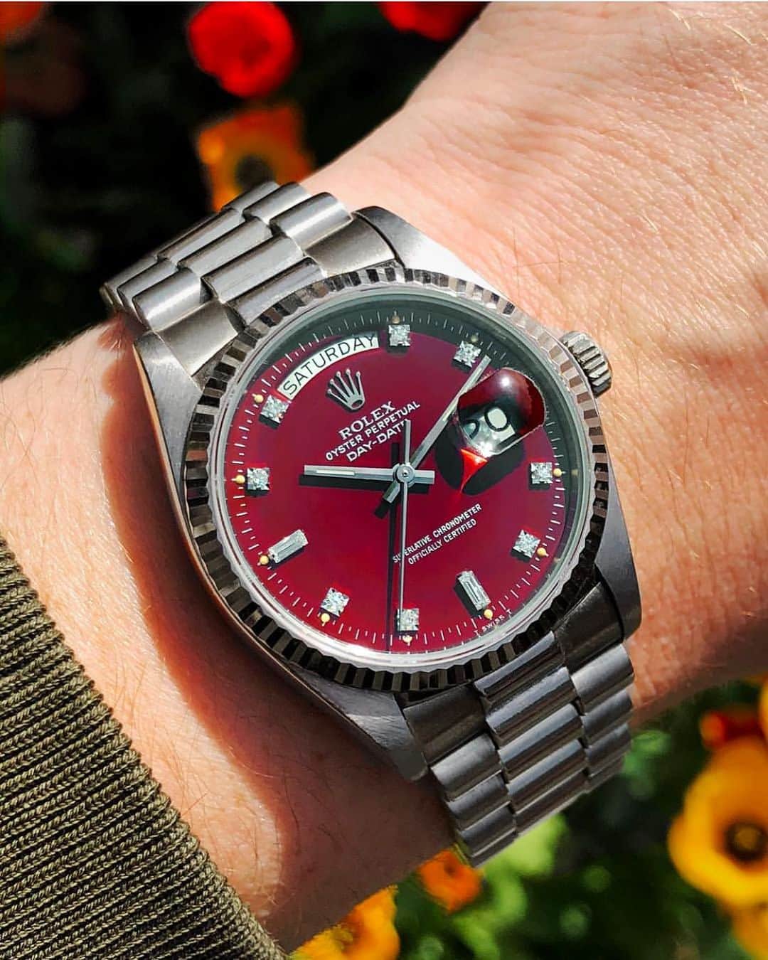 Daily Watchさんのインスタグラム写真 - (Daily WatchInstagram)「Rare Rolex Day-Date with Oxblood Stella Dial in White Gold 🔥 Photo by @amsterdamvintagewatches」7月14日 6時56分 - dailywatch