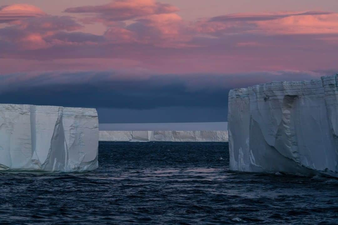 National Geographic Travelさんのインスタグラム写真 - (National Geographic TravelInstagram)「Photo by Ronan Donovan @ronan_donovan | Twilight over two massive tabular icebergs off the coast of the Antarctic Peninsula. These tabular bergs have come out of the Weddell Sea from the eastern part of the peninsula, likely from the Larsen C ice shelf. The reason they are rectangular and flat-topped is because the’ve calved off from a massive ice shelf of floating ice that eventually broke at its end. For more images from around the world, hop over to @ronan_donovan.」7月14日 7時00分 - natgeotravel