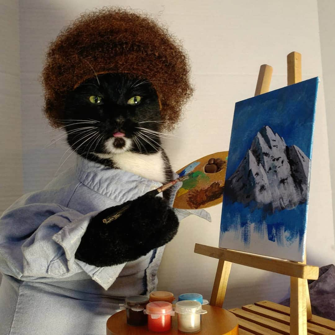 猫コスプレさんのインスタグラム写真 - (猫コスプレInstagram)「Be as creative as you want to be this #Caturday! Any doubts you have, just turn them into happy little trees.  #BobRoss #thejoyofpainting #catcosplay . . . . . . . . #catsinclothes #catcostumes #catcostume #bobrosscosplay #cosplay #humor」7月13日 23時14分 - cat_cosplay