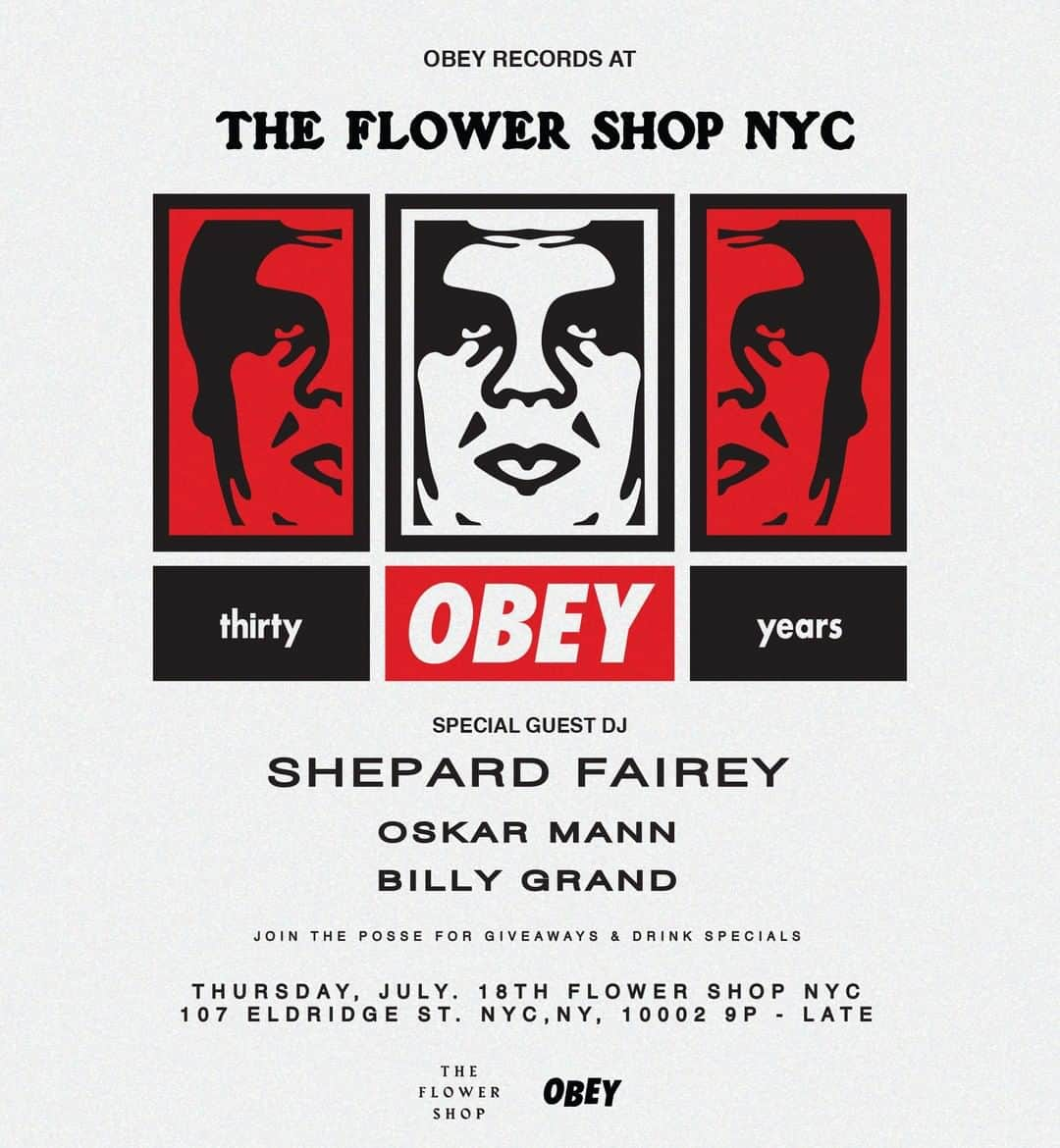 Shepard Faireyさんのインスタグラム写真 - (Shepard FaireyInstagram)「I'm excited to be in New York next week! Join me and the Posse for a night of Obey Records live at The Flower Shop NYC on July 18th. Free giveaways and & drink specials all night. @theflowershopnyc @obeyclothing - Shepard」7月14日 1時13分 - obeygiant