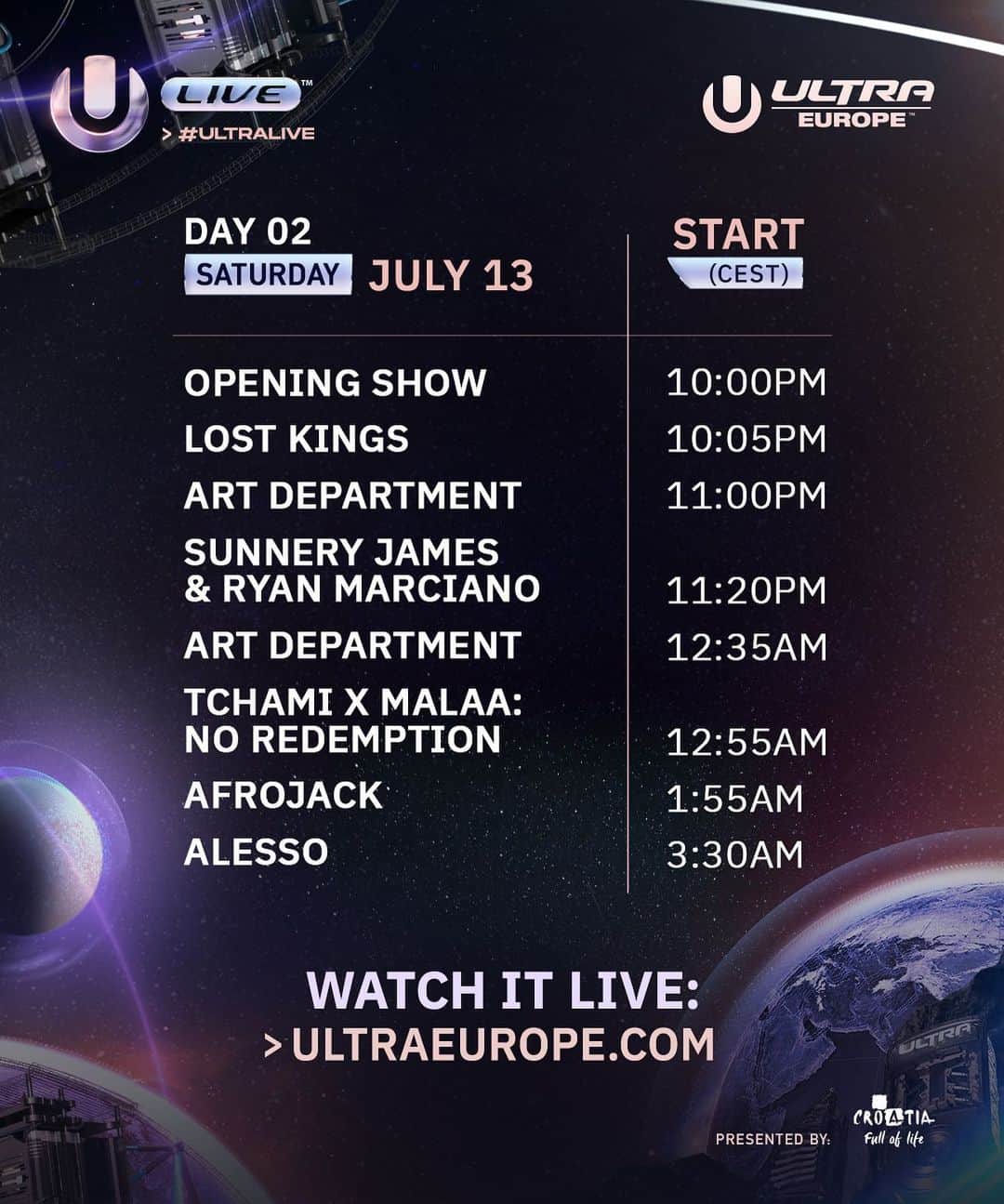 Ultra Music Festivalさんのインスタグラム写真 - (Ultra Music FestivalInstagram)「Check out the schedule for Day 2 of #ULTRALIVE's coverage from @UltraEurope!  Broadcast begins at 10pm CEST / 4pm EST at UltraEurope.com」7月14日 3時19分 - ultra