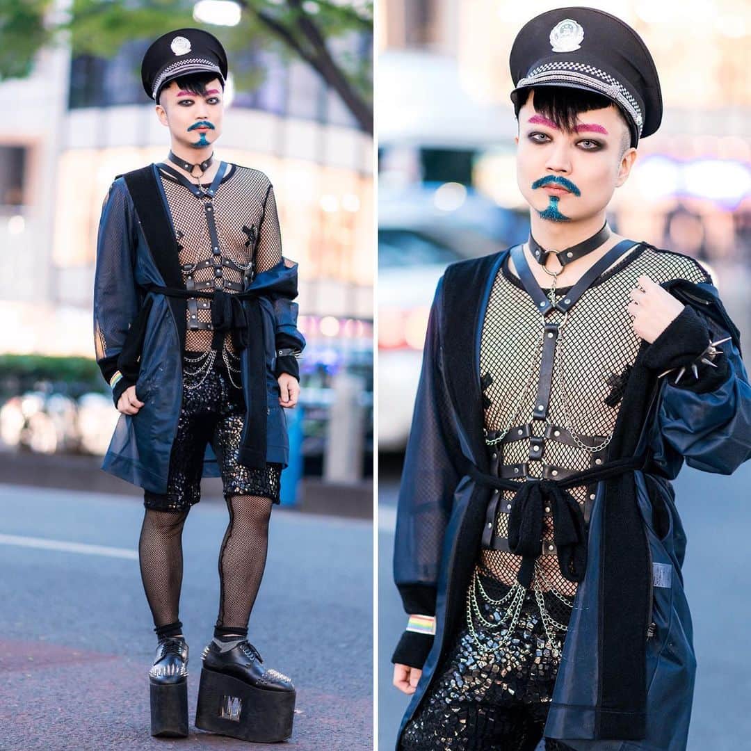 Harajuku Japanさんのインスタグラム写真 - (Harajuku JapanInstagram)「Japanese pianist and composer Ohshi (@oshy_wu) on the street in Harajuku with a glitter mustache and glitter beard, a Milkboy robe, House of Viviano Sue sequin shorts, a leather harness, fishnets, and tall spike platforms by Monster Shoes.」7月15日 1時16分 - tokyofashion