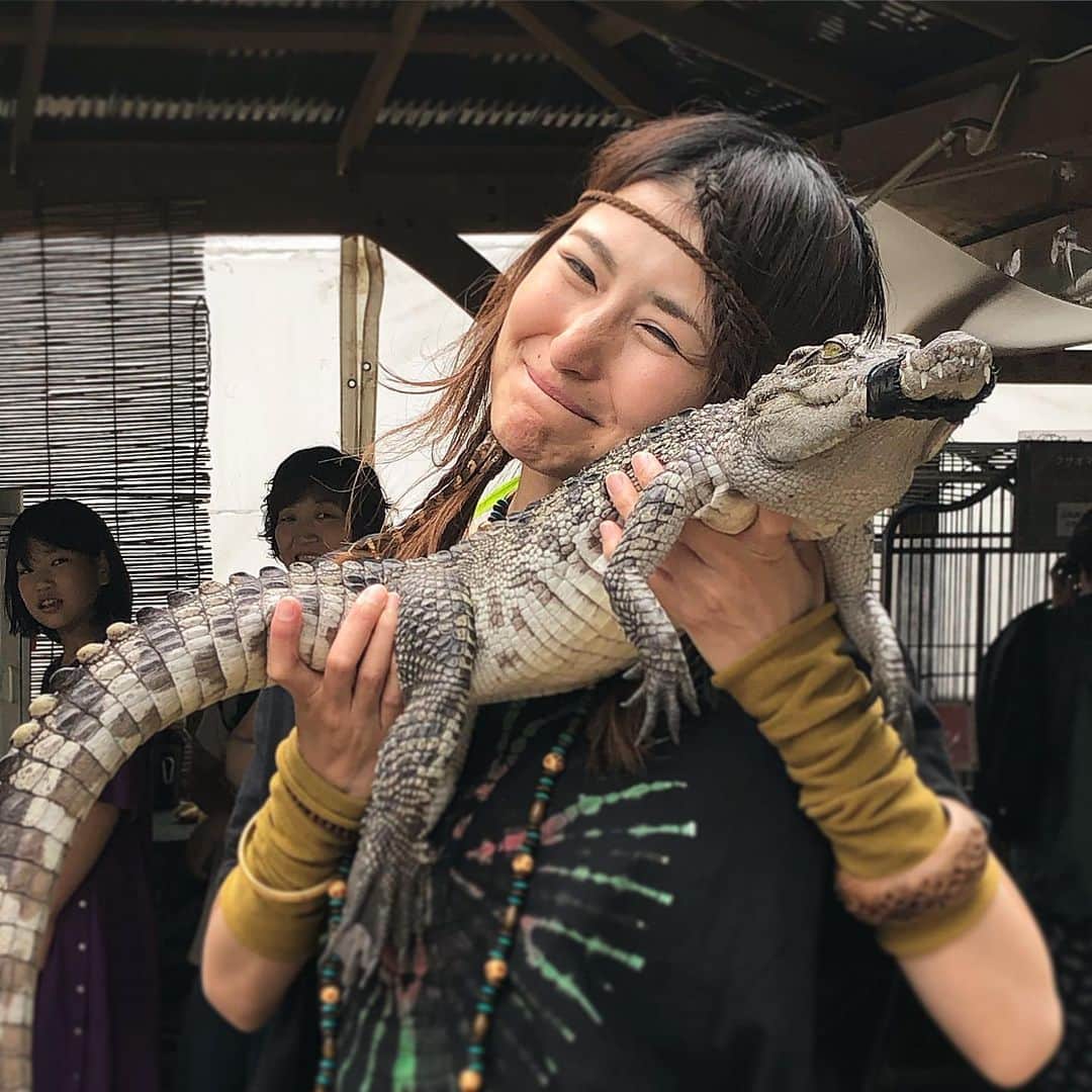 のインスタグラム：「ワニ抱っこしてみたい人～( ･ω･)ﾉ  #ノースサファリサッポロ #大食い対決2日目 #北斗の拳 #黒王号 #ラオウコスチュームで黒王号に乗れるというファンにはたまらない企画 #ノースサファリサッポロはリアルに動物と触れ合える動物園 #だんだんワニが愛おしくなってくる不思議 #お腹の肌質は意外にもしっとりすべすべ #巨大ヘビにも触れるよー #フードもB級グルメ系から変わり種系までバラエティ豊か  #個人的にはヤモリとバンブーワームの姿揚げが気になる #明日は最終決戦だ #黒王号との大食い対決は13時30分から #みんな応援にきてくださいませませ！」