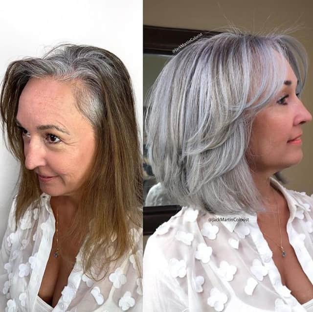 CosmoProf Beautyさんのインスタグラム写真 - (CosmoProf BeautyInstagram)「Holy Hair Transformation, Batman!🤯😍 ✨ Total Service Time ⏰: 9 hours PROCESS: 1️⃣ Lightened the whole head starting where her gray roots starts in foils with 20 vol developer mixed with @olaplex leaving her gray roots out for about 3 hours by taking random strands in foils based on the pattern of her grey roots for better blending until I reached level 10 pale yellow blonde 2️⃣ All the hair that was left outside the foils was colored it with @guytang_mydentity Dark Shadows mixed with 10 vol for about 30 min to create that salt and pepper look 3️⃣ During processing, I had to open each foil and reapply a new lightener mixture to warm areas 4️⃣ Rinsed hair, pre-toned for 20 minutes to cancel all the yellow from the hair, rinsed again 5️⃣ Dried hair then applied @kenraprofessional 10SM with a blue dot additive mixed with 10 vol for 20 minutes 6️⃣ Shampooed, conditioned, styled with round brushes Hair by: @jackmartincolorist  Use #olaplexeveryservice to keep hair healthy throughout the transformation process 👌 Find the full line of Olaplex products online, through your @cosmoprofbeauty Sales Consultant, or at #cosmoprofbeauty where you are #licensedtocreate . . #repost #greyhairtrend #kenraprofessional #mydentity #hairmakeover #hairtransformation #grayhair #kenracolor」7月15日 10時45分 - cosmoprofbeauty